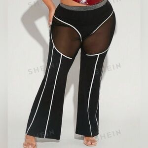 Sheer Mesh Insert Contrast Piping Flare Leg Pants